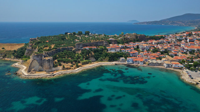 Aerial drone photo of iconic medieval castle and small picturesque village of Koroni, Messinia, Peloponnese, Greece