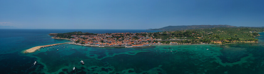 Fototapeta premium Aerial drone photo of iconic medieval castle and small picturesque village of Koroni, Messinia, Peloponnese, Greece