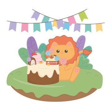 Kawaii lion with happy birthday cake design