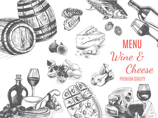 Vector illustration sketch -wine and cheese. Card Menu restaurant. vintage design template, banner.