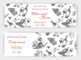 Vector illustration sketch -wine and cheese. Card Menu restaurant. vintage design template, banner.