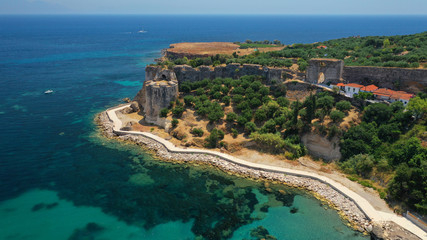 Aerial drone photo of iconic medieval castle and small picturesque village of Koroni, Messinia, Peloponnese, Greece