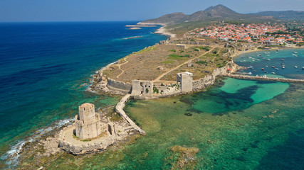 Aerial drone panoramic view of iconic Venetian castle of Methoni and Bourtzi tower on the southwest cape of Messinia, Peloponnese, Greece © aerial-drone