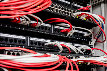 Network switch and ethernet cables in red and white colors. Data Center