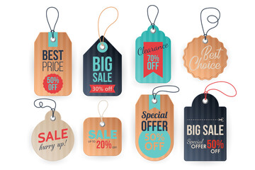 Realistic price tags set. Paper and cardboard sale labels template.