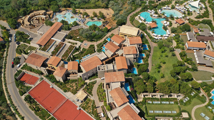 Aerial drone photo of famous sandy deep turquoise and blue exotic beach of Navarino in Messinia, Peloponnese, Greece