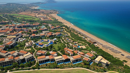 Aerial drone photo of famous sandy deep turquoise and blue exotic beach of Navarino in Messinia,...