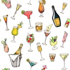 Invitation for coktail beach party. Illustration with cocktails sketches. Hand drawn pattern cocktails bar menu.