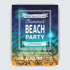 Invitation for coktail beach party. Summertime sketch hand drawn card.