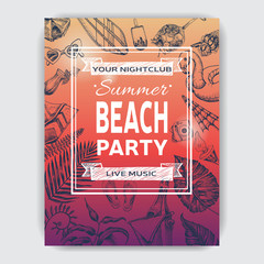 Invitation for coktail beach party. Summertime sketch hand drawn card.