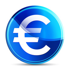 Euro sign icon glassy vibrant sky blue round button illustration