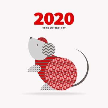 Rat Is A Symbol Of The 2020 Chinese New Year. Holiday Vector Illustration Of Zodiac Sign Of Rat Decorated With Geometric Pattern. Greeting Card In Oriental Style With Mouse, Circle Elements