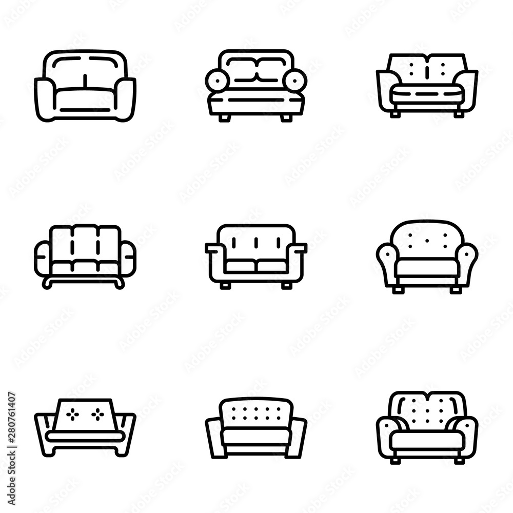 Poster soft sofa icon set. outline set of 9 soft sofa vector icons for web design isolated on white backgro