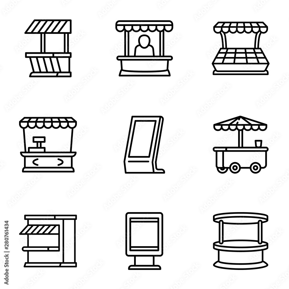 Poster street kiosk icon set. outline set of 9 street kiosk vector icons for web design isolated on white b