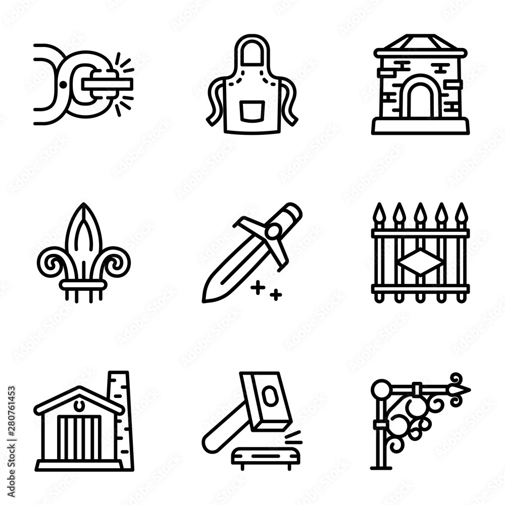 Poster blacksmith tools icon set. outline set of 9 blacksmith tools vector icons for web design isolated on