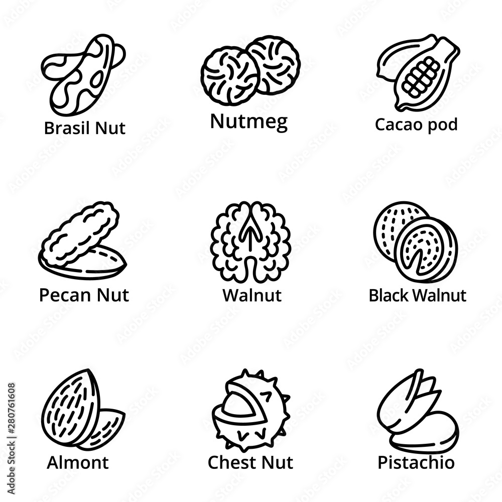 Poster nuts food icon set. outline set of 9 nuts food vector icons for web design isolated on white backgro