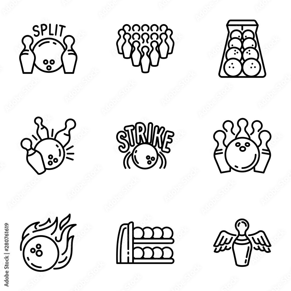 Poster bowling game icon set. outline set of 9 bowling game vector icons for web design isolated on white b