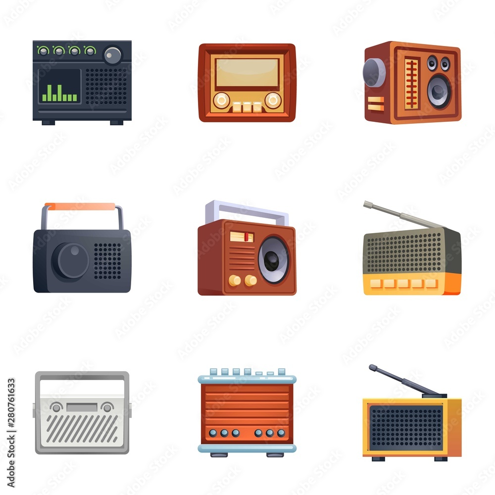 Poster retro radio icons set. cartoon set of retro radio vector icons for web design