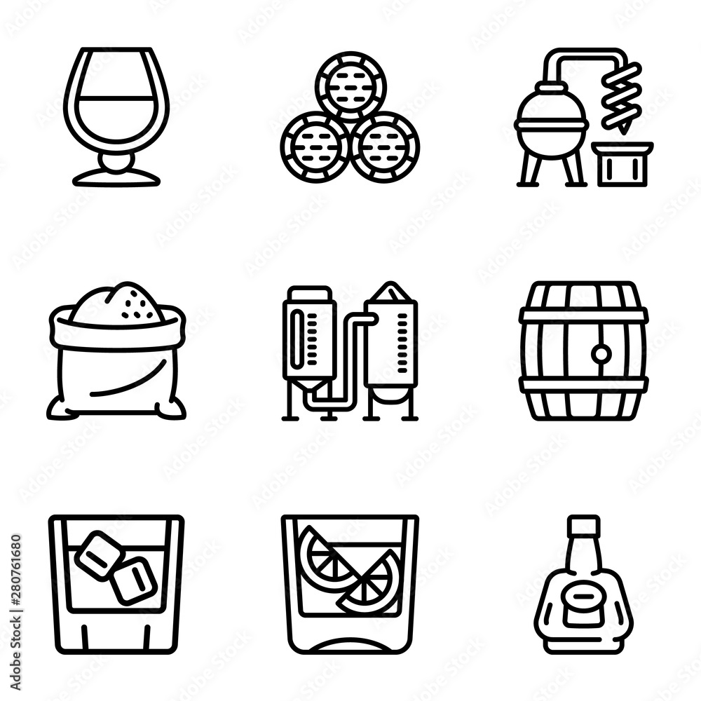 Poster whiskey icon set. outline set of 9 whiskey vector icons for web design isolated on white background