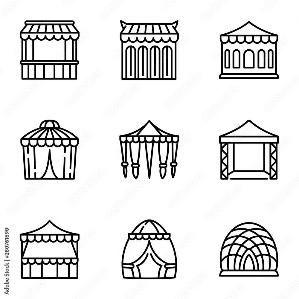 Poster event tent icon set. outline set of 9 event tent vector icons for web design isolated on white backg