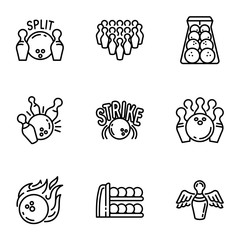 Bowling game icon set. Outline set of 9 bowling game vector icons for web design isolated on white background