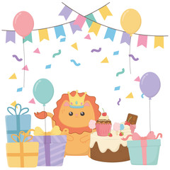 Kawaii lion with happy birthday cake design