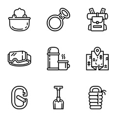 Tourist equipment icon set. Outline set of 9 tourist equipment vector icons for web design isolated on white background