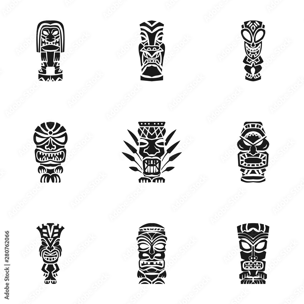 Poster tiki aztec idol icon set. simple set of 9 tiki aztec idol vector icons for web design isolated on wh