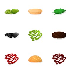 Burger element icon set. Cartoon set of 9 burger element vector icons for web design isolated on white background