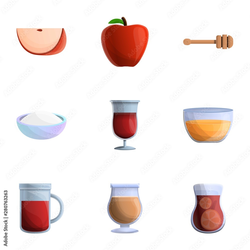 Poster mulled wine icon set. cartoon set of 9 mulled wine vector icons for web design isolated on white bac