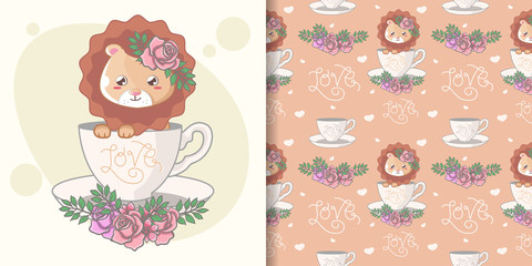 hand drawn cute lion seamless pattern and illustration card