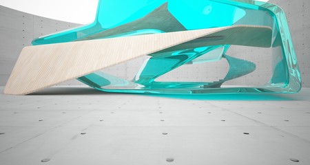 Abstract architectural wood and glass smooth interior of a minimalist house. 3D illustration and rendering.