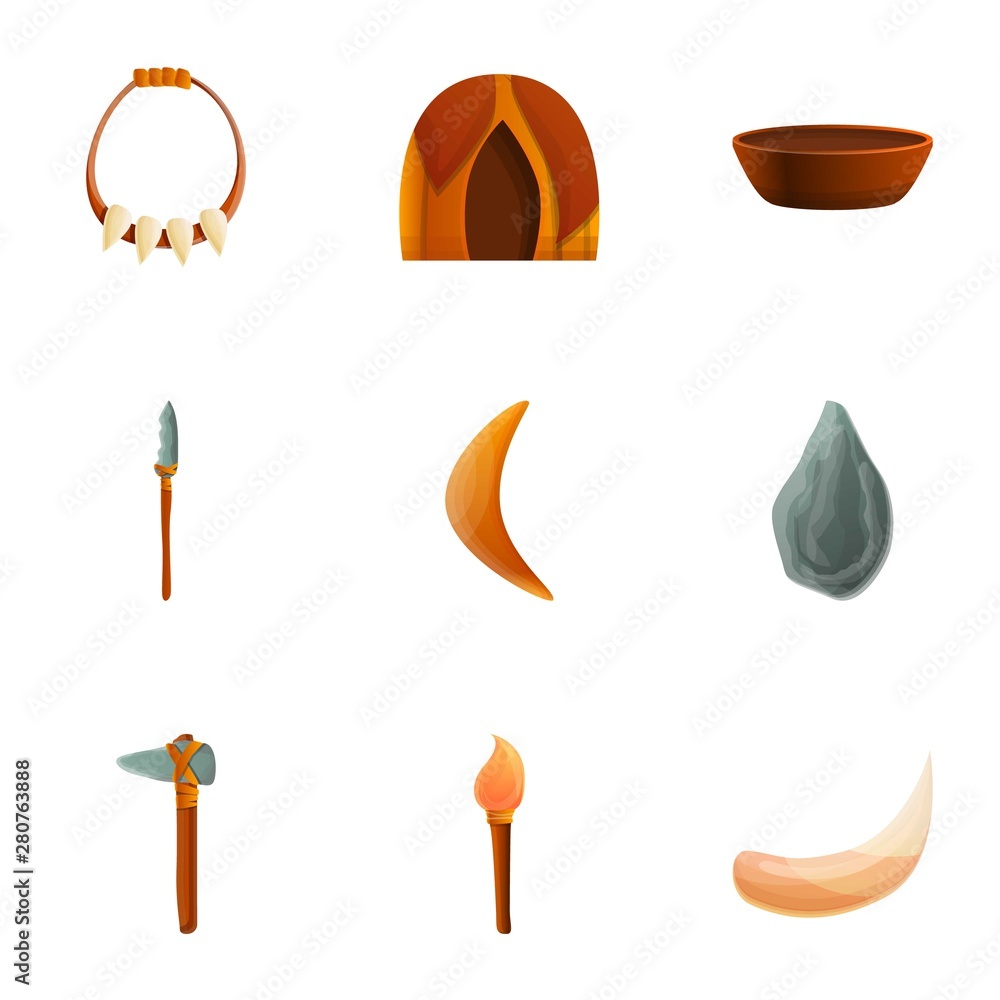 Poster stone age icon set. cartoon set of 9 stone age vector icons for web design isolated on white backgro