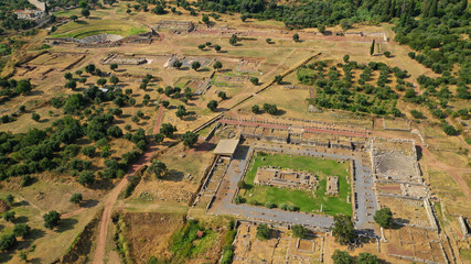 Aerial drone photo of unique and well preserved archaeological site and citadel of Ancient Messene featuring massive stadium and theatre, Messinia, Peloponnese, Greece