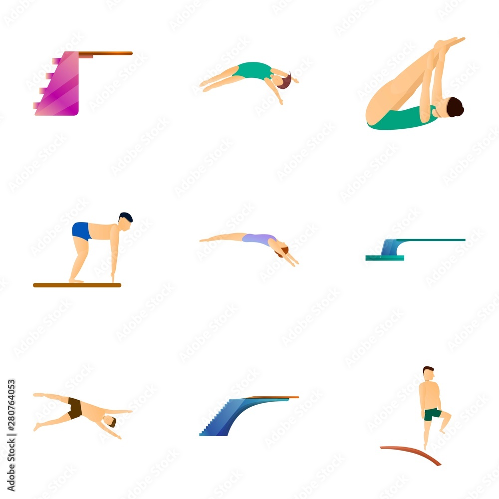 Poster diving board icon set. cartoon set of 9 diving board vector icons for web design isolated on white b