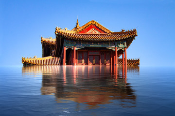 Flooded ancient chinese temple. Climate change global warming concept. - Image
