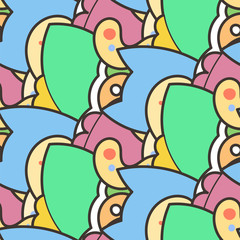 Seamless vector pattern with cute cartoon monsters and beasts. Nice for packaging, wrapping paper, coloring pages, wallpaper, fabric, fashion, home decor, prints etc