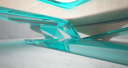 Abstract architectural wood and glass smooth interior of a minimalist house. 3D illustration and rendering.