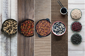 Collage in the form of vertical stripes showing of world cuisine with beans
