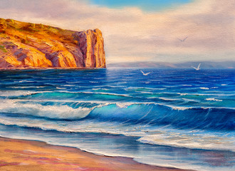 Fototapeta na wymiar Sunset on the sea, painting by oil on canvas.