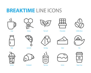 set of break time icons, coffee, tea, cake, pot