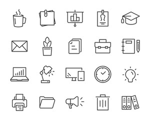 set of office icons, paper, document, laptop, computer, workplace, desk