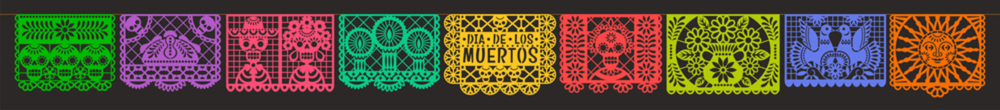 Day of the Dead. Dia de los muetros. Papel Picado. Vector horizontal banner with traditional Mexican paper cutting flags. Isolated on black background