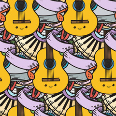 Cartoon cute music doodles. Detailed, with lots of objects background