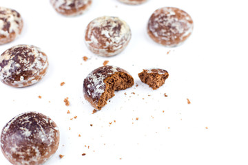 Chocolate cookies, homemade pastry, gingerbread, sugar dessert. A lot of cookies on isolated white background