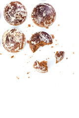 Chocolate cookies, homemade pastry, gingerbread, sugar dessert. A lot of cookies on isolated white background