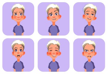 Fototapeta premium Big set of boy's emoticons. Man avatars showing different emotions. Happy, smile, sad, angry, love, surprised, upset, laugh, facial expressions. Cartoon style vector illustration.