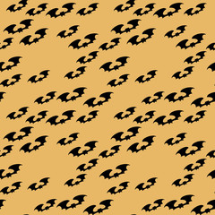 Halloween seamless pattern with silhouette bat on light orange background. Illustration for holiday celebration, wrapping paper, banner