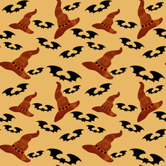 Obraz na płótnie Canvas Halloween seamless pattern with silhouette bat and hat on light orange background. Illustration for holiday celebration, wrapping paper, banner