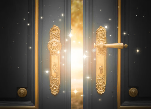 open magic door with shining light and sparkles